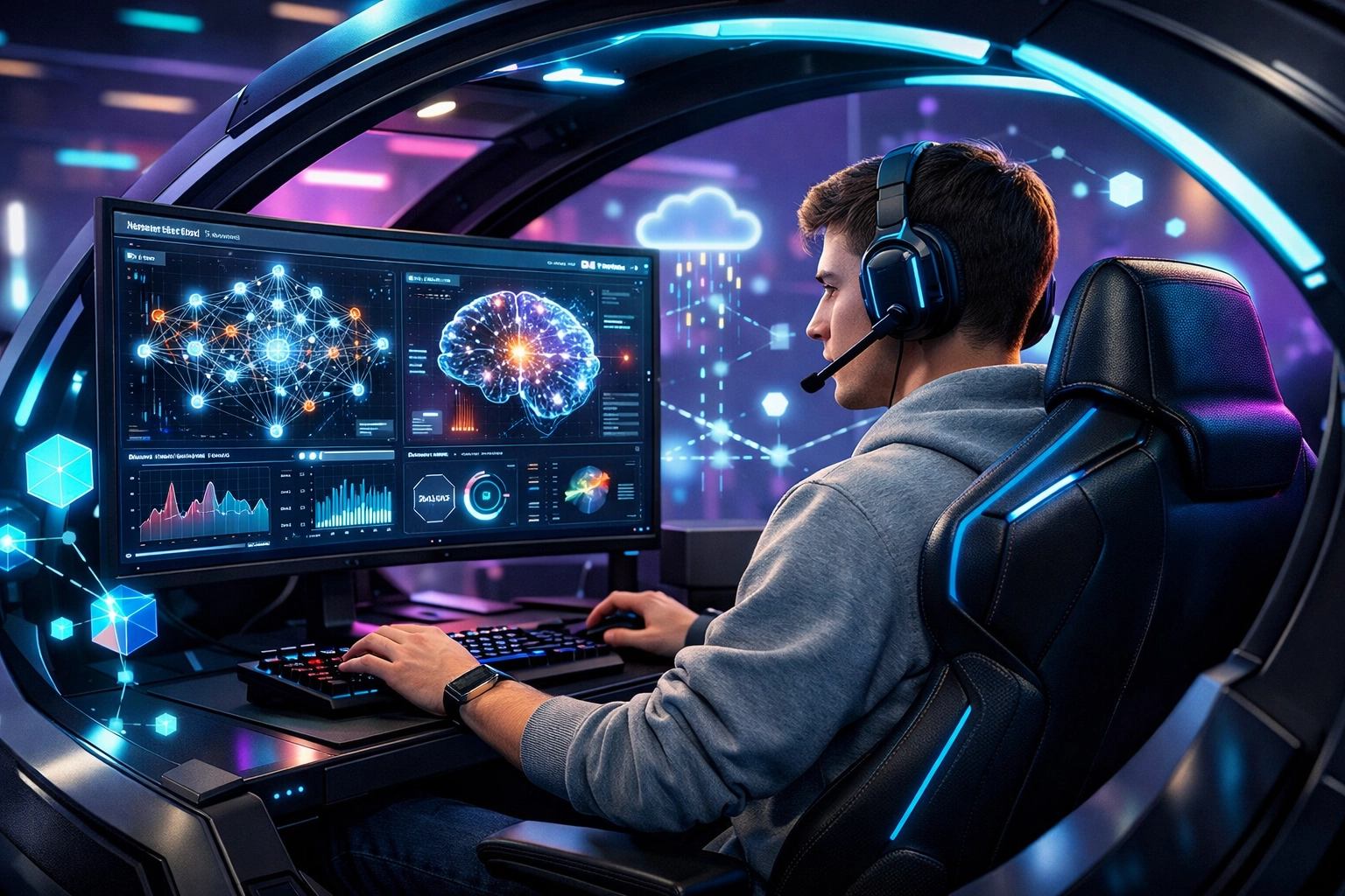 Student in a high school EsportsPod learning AI literacy and cloud-connected skills for career growth.