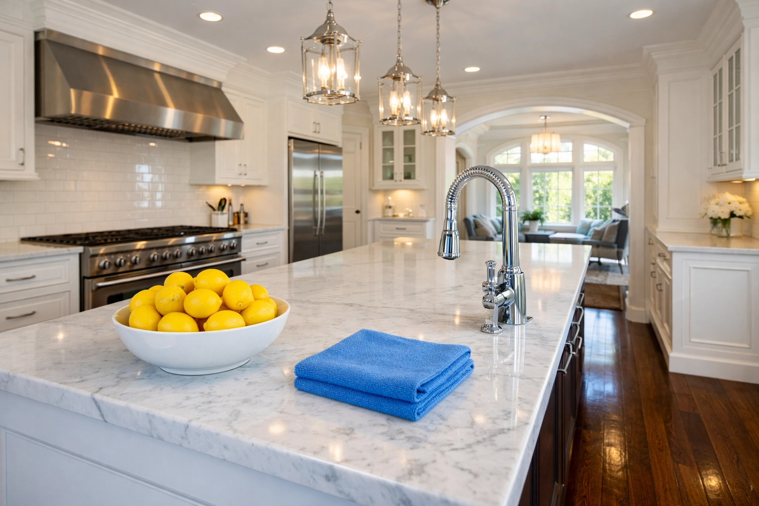 Immaculate kitchen in a Worcester home showing deep cleaning results on white marble countertops.