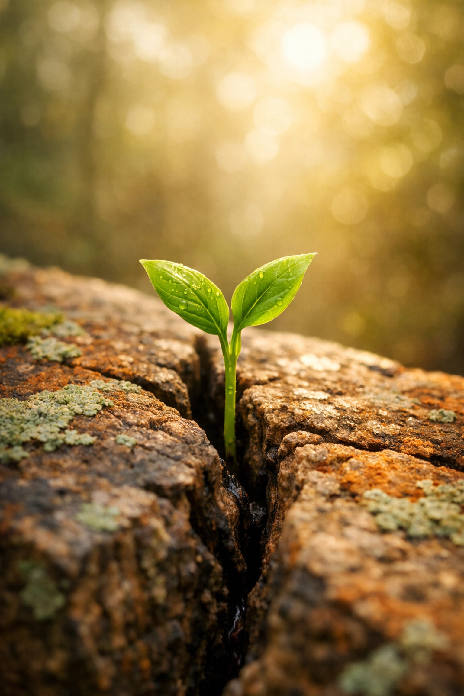 Resilient green plant growing through a rock representing growth and relationship wisdom.