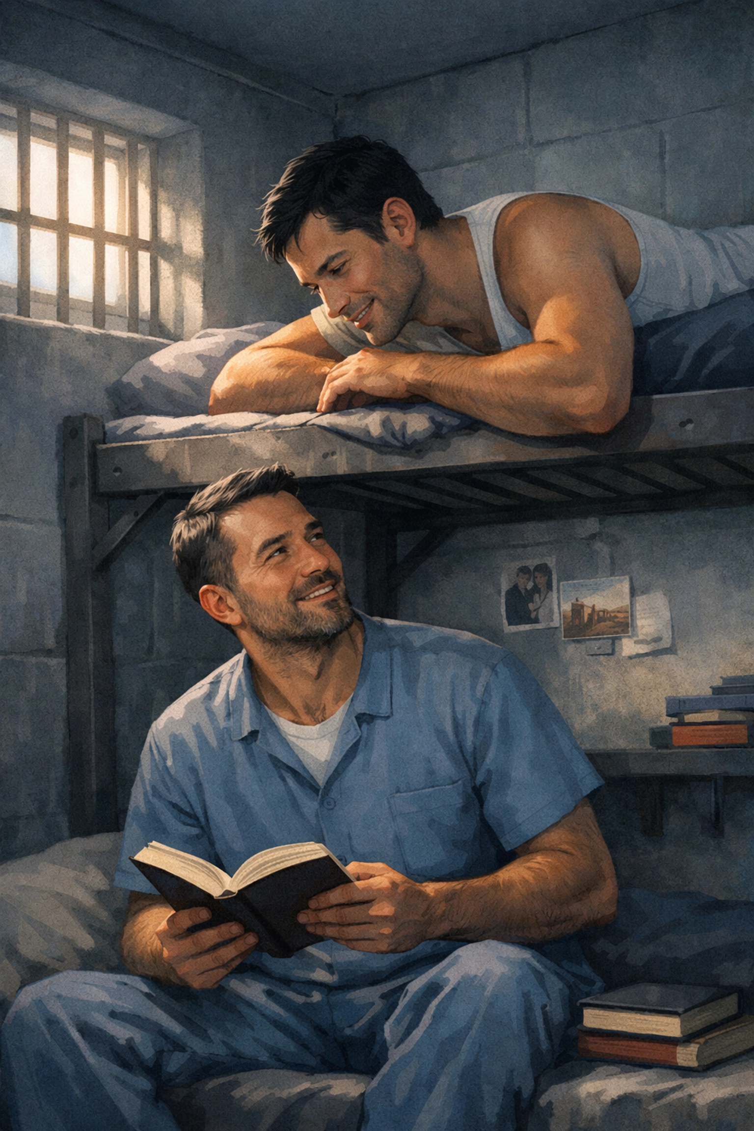 LGBTQ+ inmates sharing conversation and books in prison cell