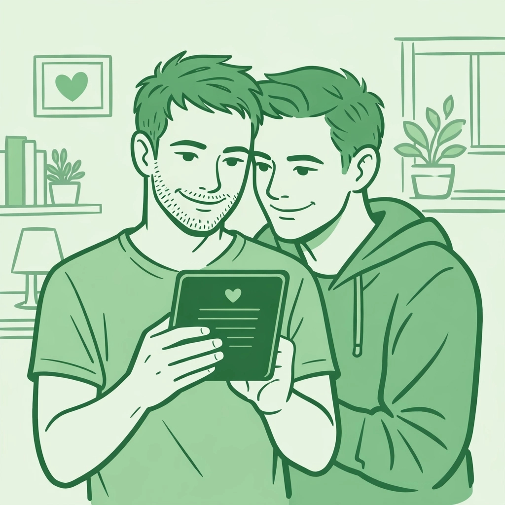MM couple reading a new LGBTQ+ ebook release together on a digital e-reader.