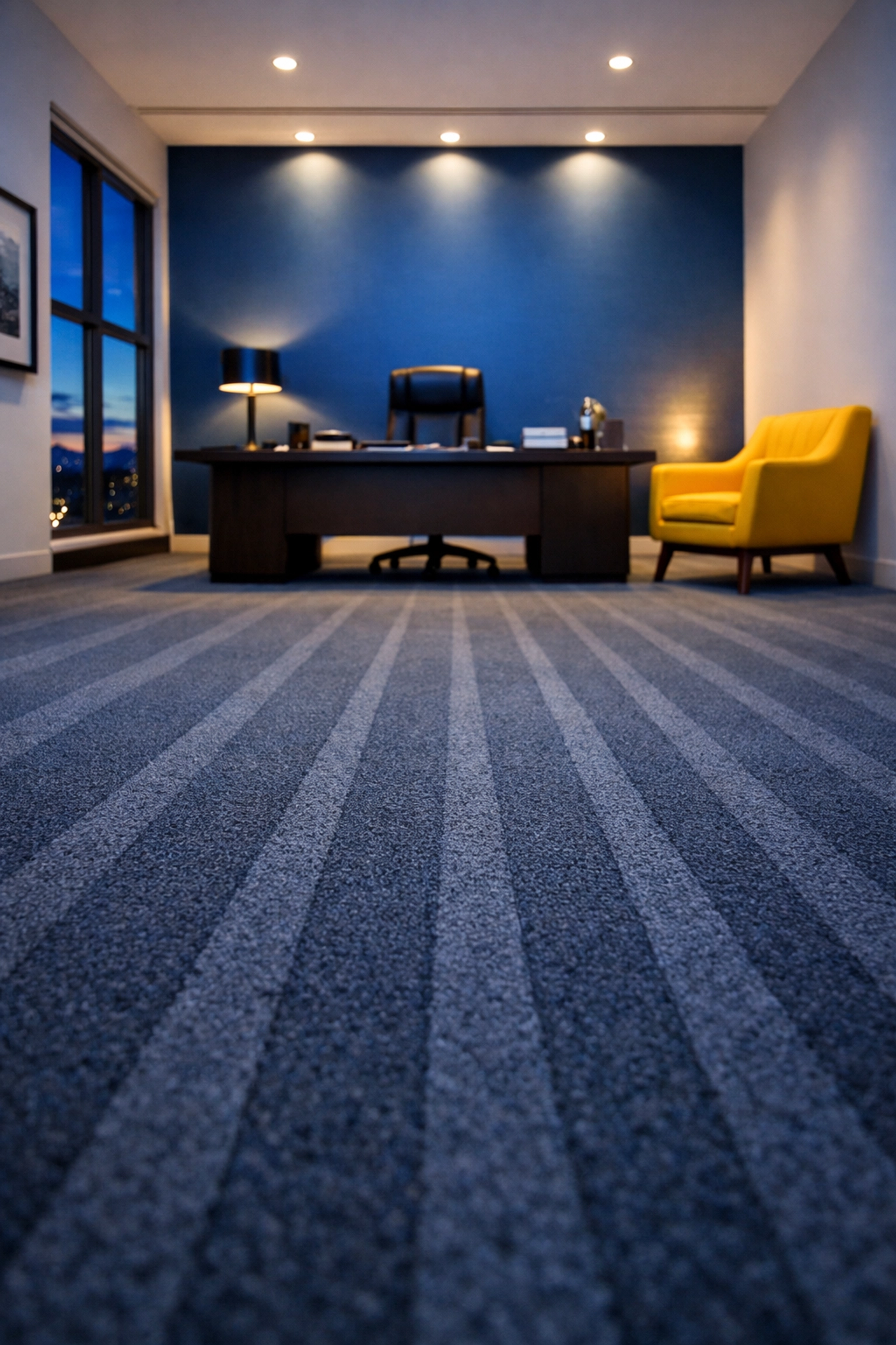 Professional executive office suite with freshly vacuumed carpets showing meticulous cleaning lines.