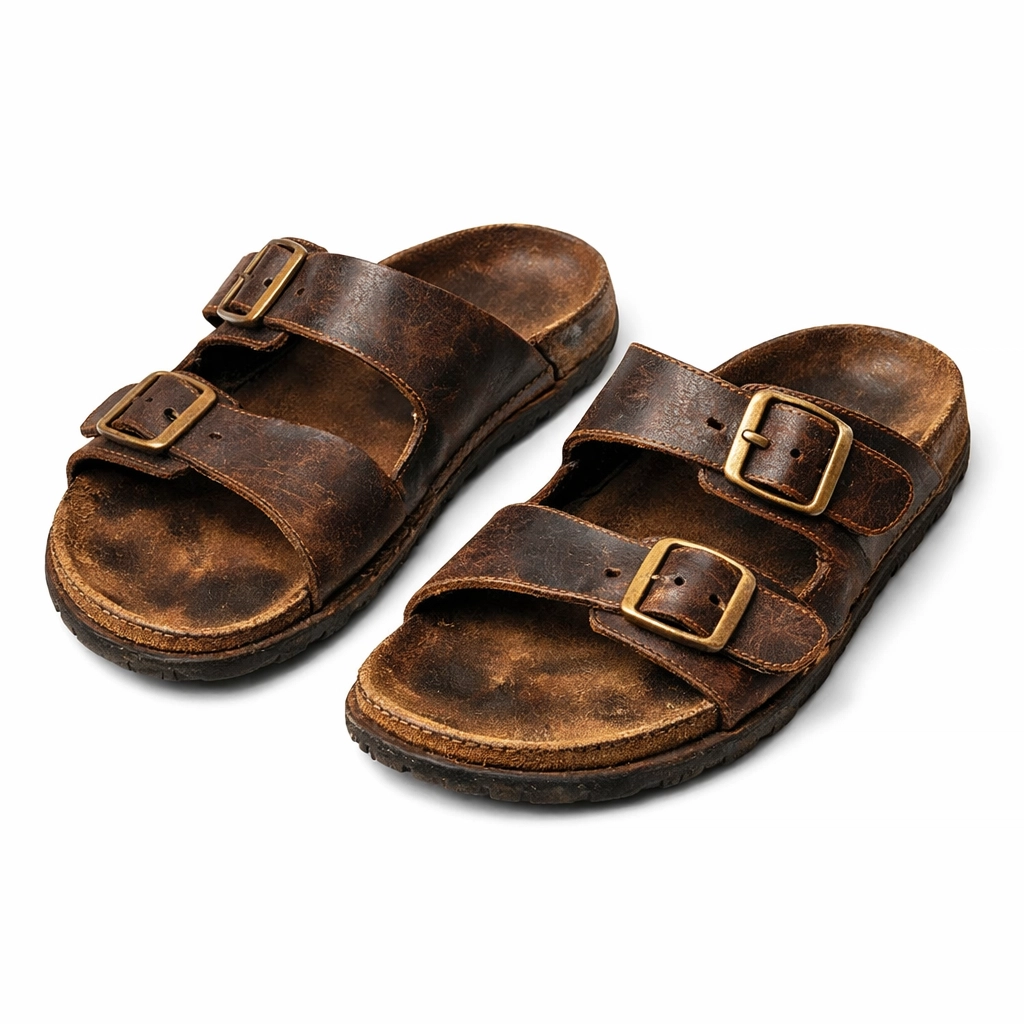 Brown leather sandals symbolizing the traveler's journey in the classic book The Alchemist.