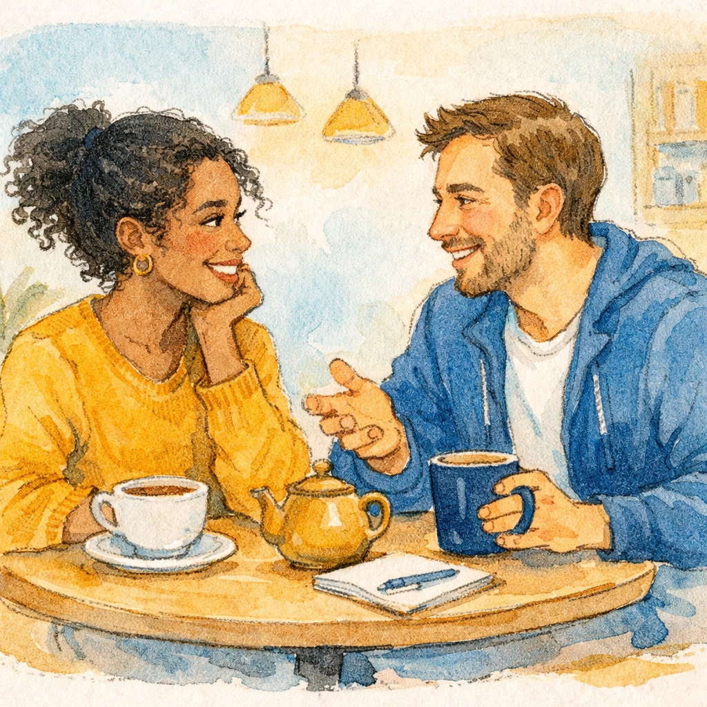 Two people connecting over coffee illustrating community building for church volunteers