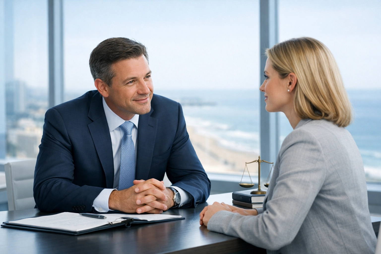 Virginia Beach divorce attorney providing a supportive legal consultation in a modern office.