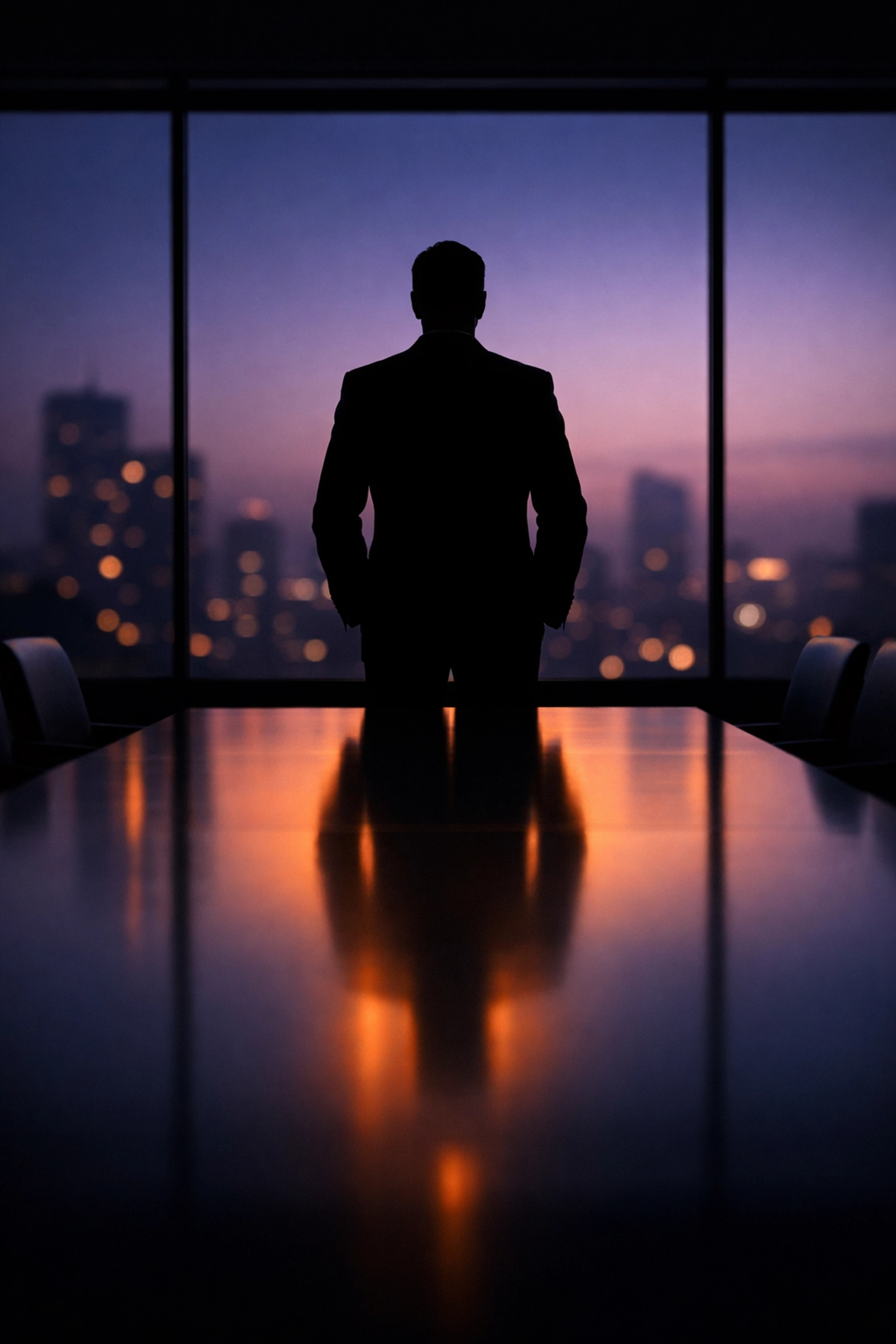 Executive silhouette in a boardroom representing personal presence and media training for high-stakes startup PR.