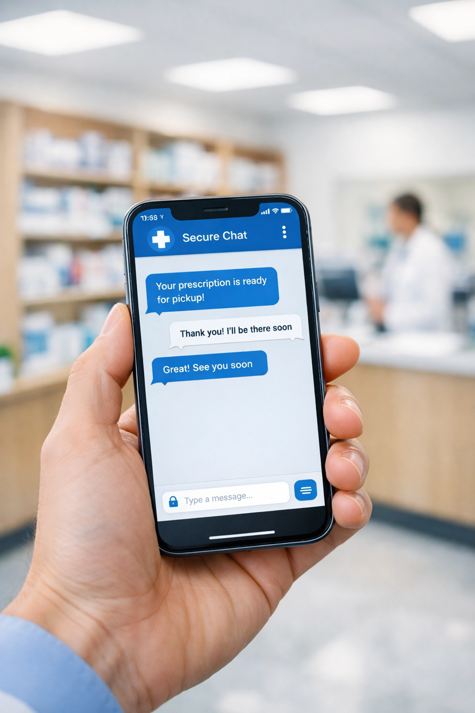 A person using secure medical messaging on a smartphone to get a UTI prescription online at a pharmacy.