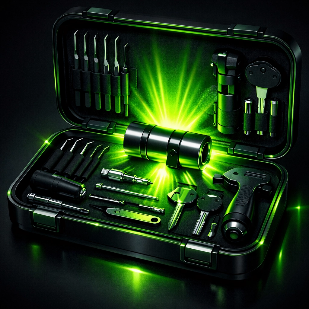 Modern locksmith toolkit with glowing neon accents symbolizing professional directory listing activation.