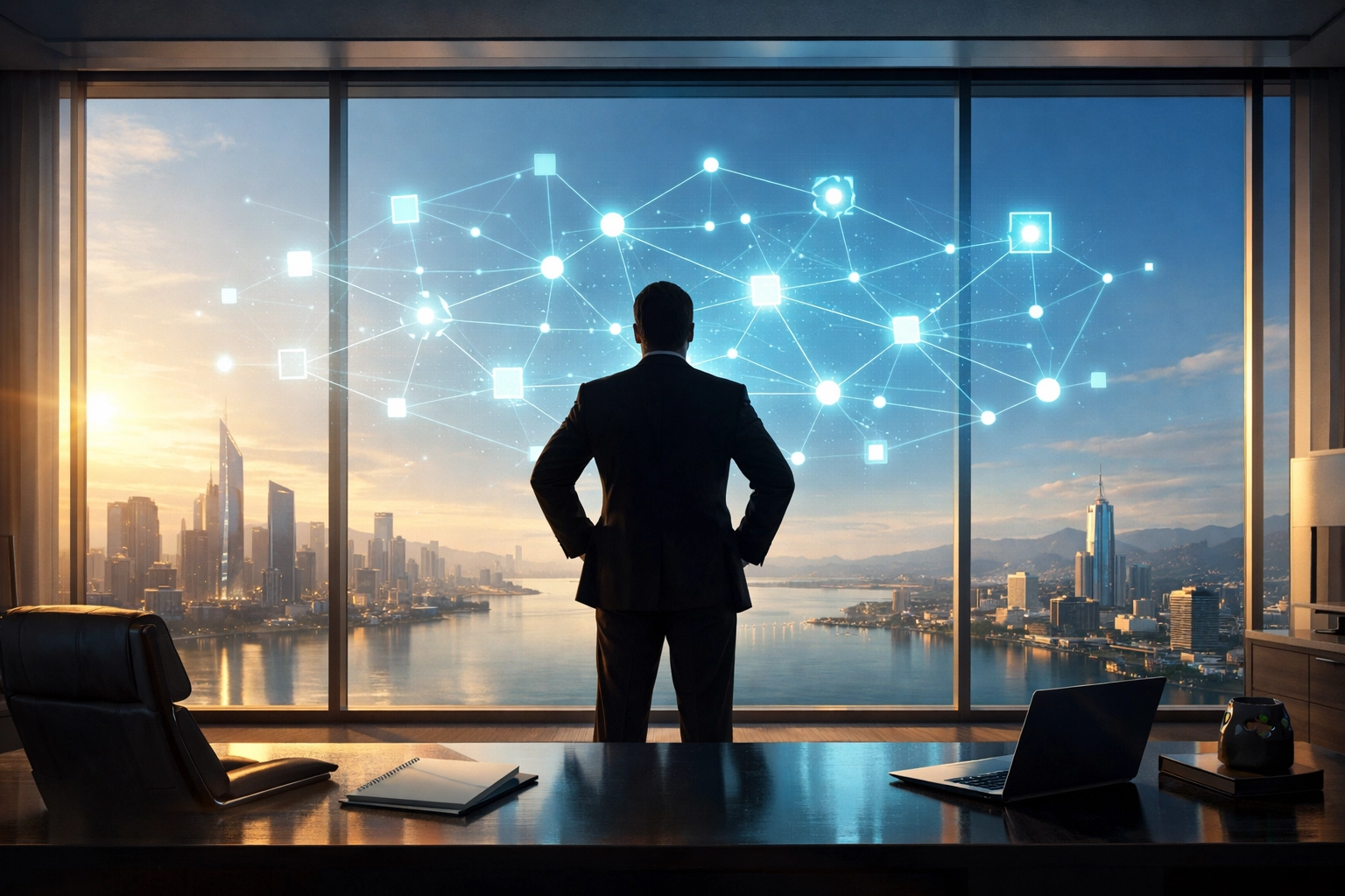 A business leader overseeing operations through a digital interface, symbolizing AI-driven strategic growth.