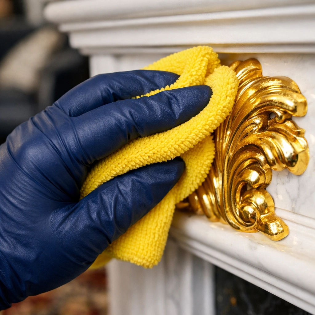 Professional luxury house cleaning in Weston showing meticulous detail work on a fireplace mantel.