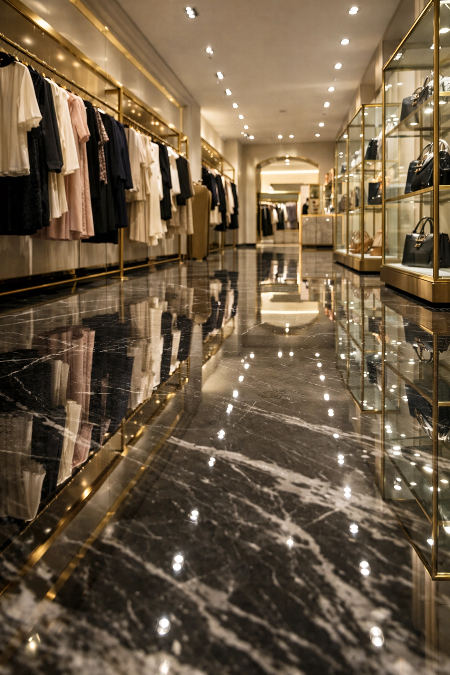 Spotless marble floors in a luxury Wellesley retail boutique maintained by commercial cleaning experts.