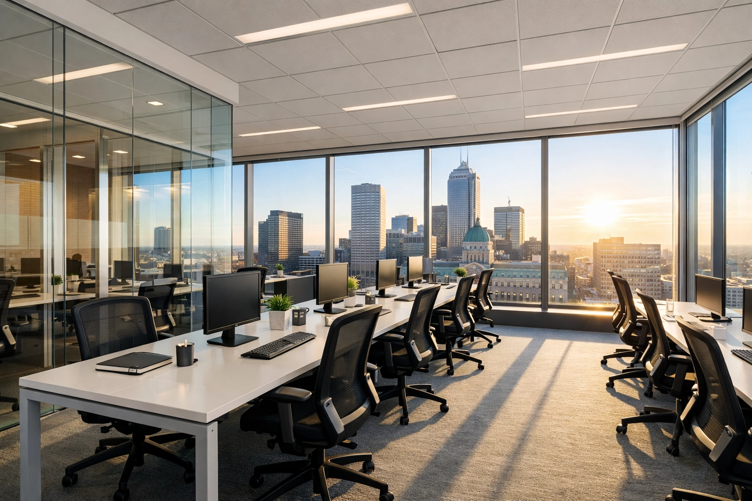Clean open-concept office workstations and streak-free glass in a professional Indianapolis workspace.