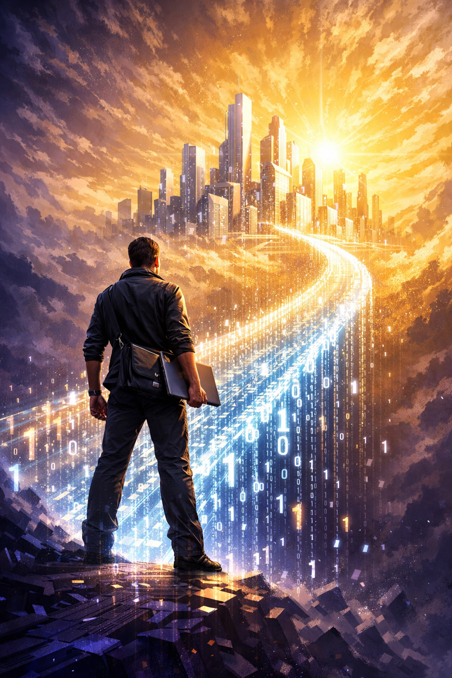 A tech professional crossing a digital bridge toward a successful career in multi-cloud infrastructure.