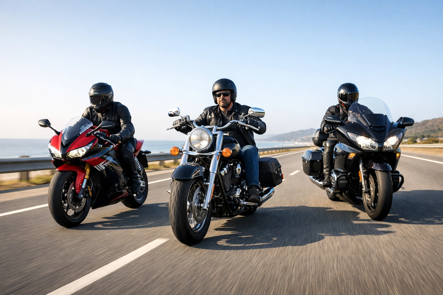 Cruiser, sportbike, and touring motorcycles riding safely on a highway for the Ride Fear Free DOT initiative.