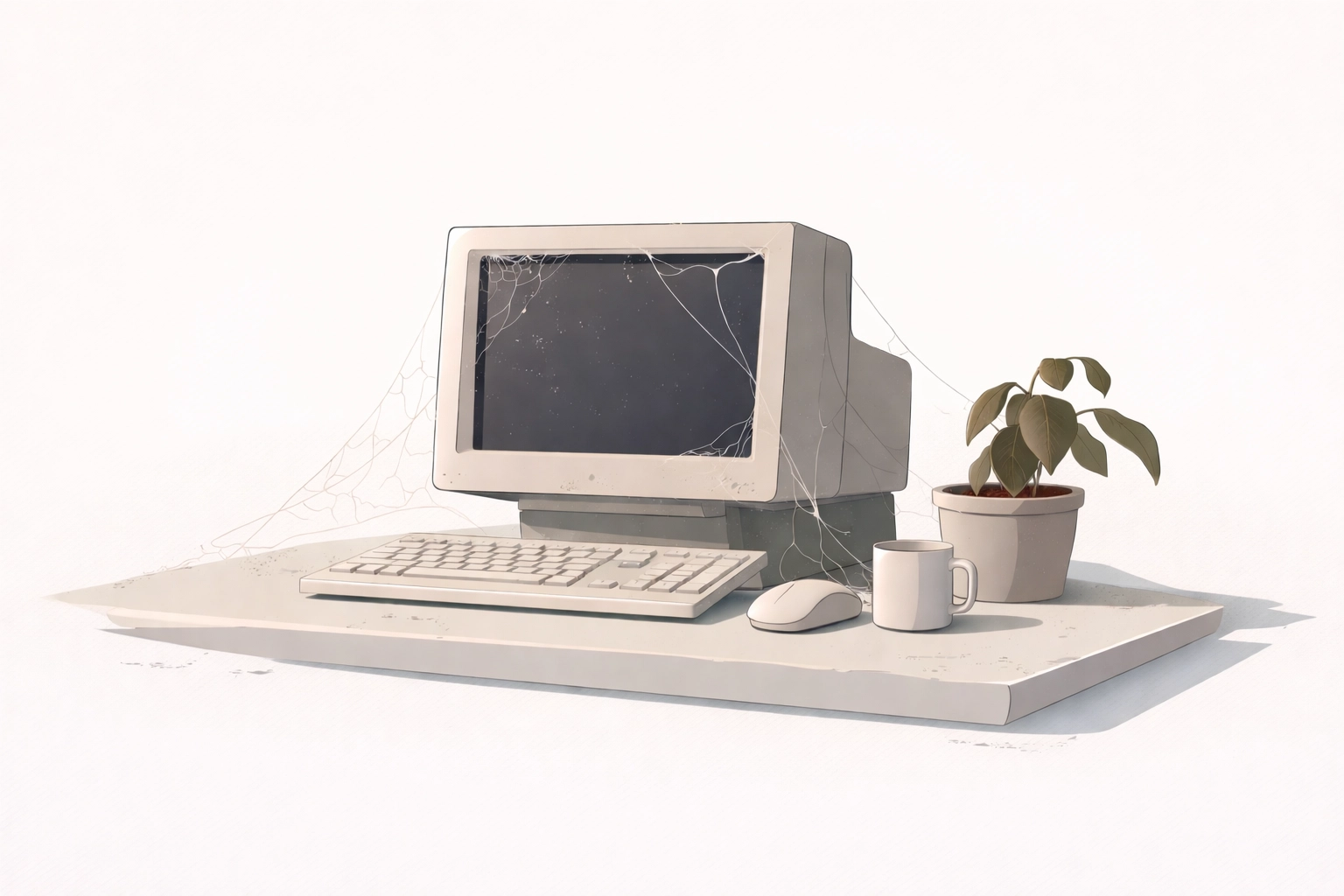 Minimalist illustration of an outdated computer on a desk, symbolizing neglected website maintenance needs.
