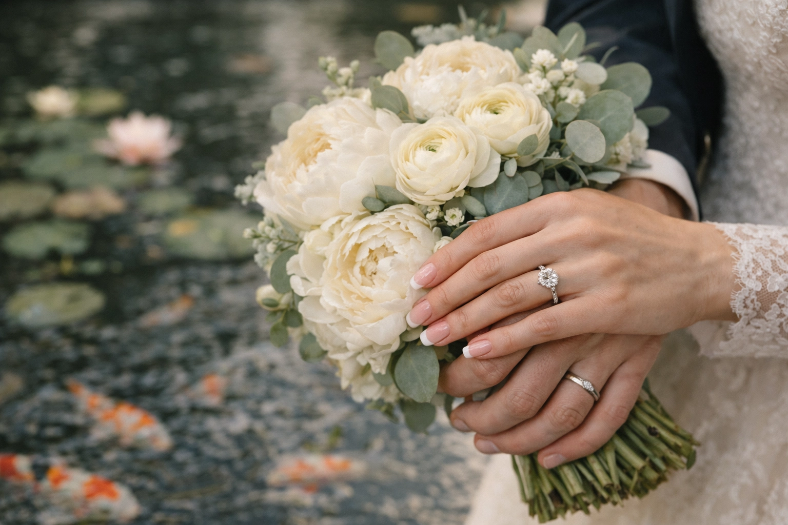 Bride and groom close-up near koi pond with bouquet and hands in focus.