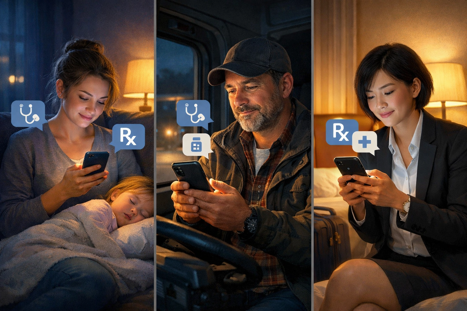 People using smartphones to chat with doctors 24/7 - parent, truck driver, and traveler