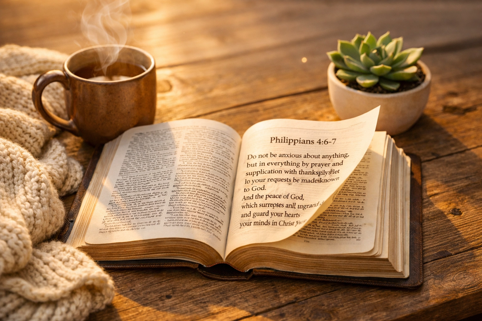 Open Bible with tea on table representing faith, comfort, and God's presence during healing