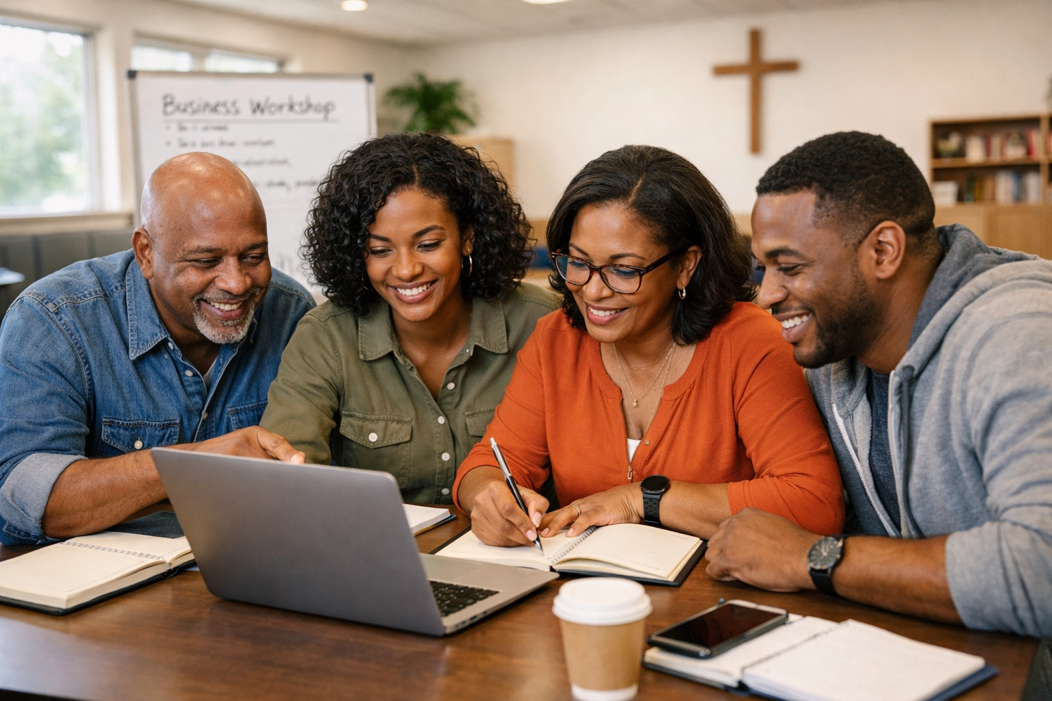 Black adults in a church-led business workshop, using tools to support local communities and economic growth.