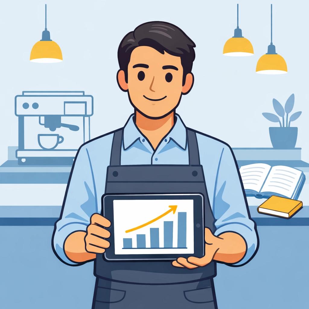 Illustration of a server tracking tip income on a tablet for accurate tax records.