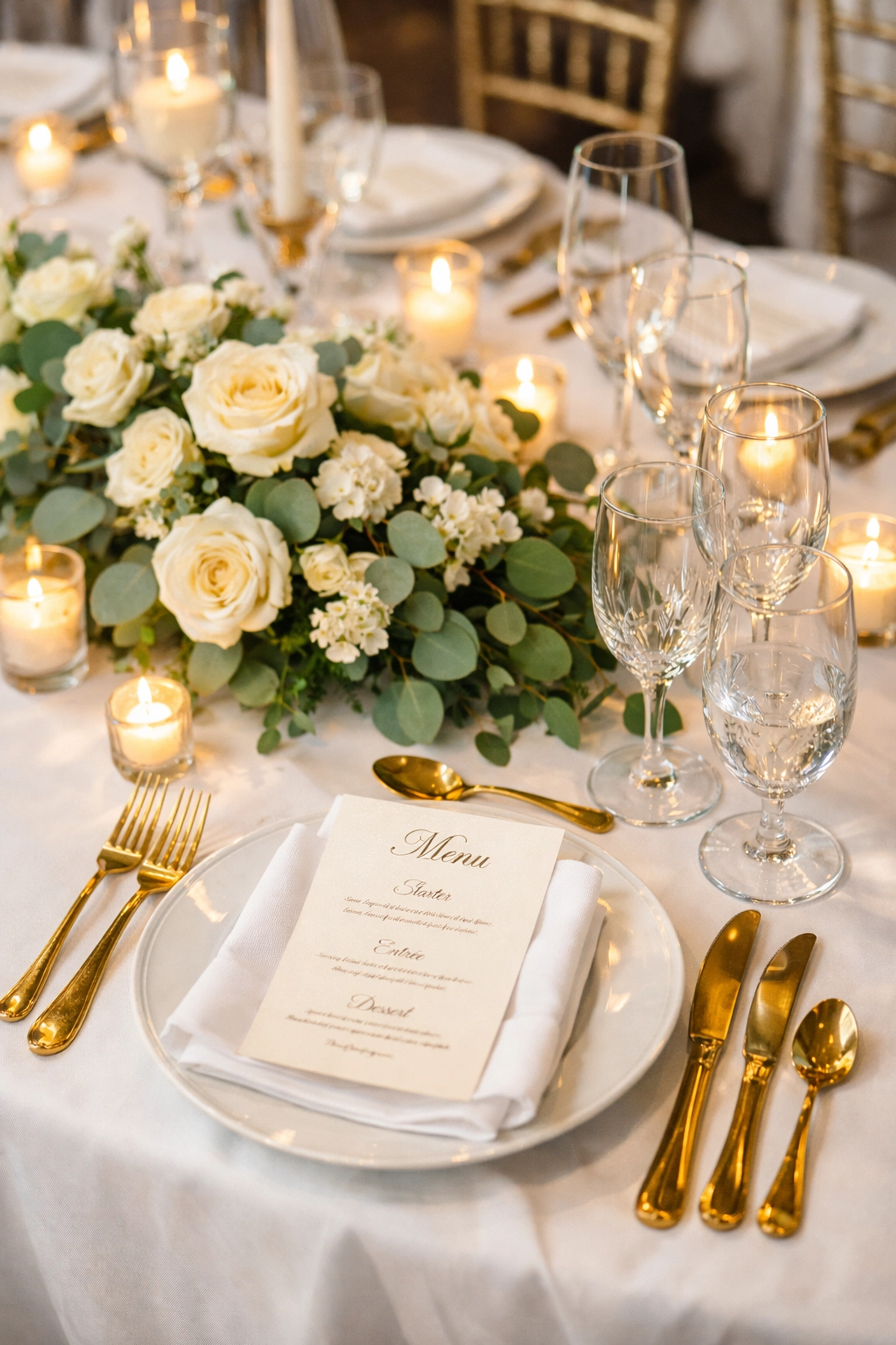 Elegant wedding reception table with gold cutlery and roses funded by ticketed RSVPs.