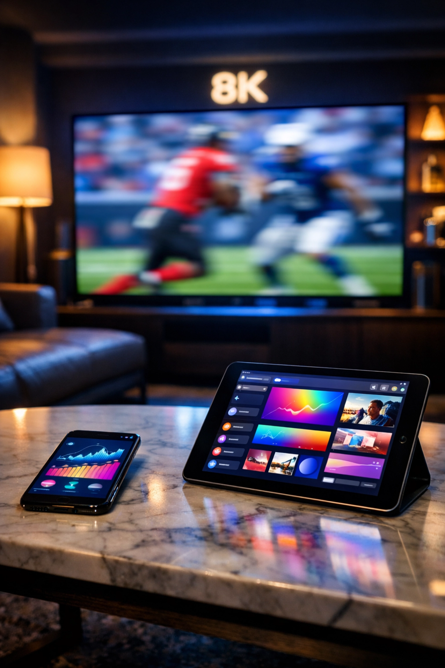 Digital devices and a large screen displaying a multi-platform Super Bowl marketing campaign.
