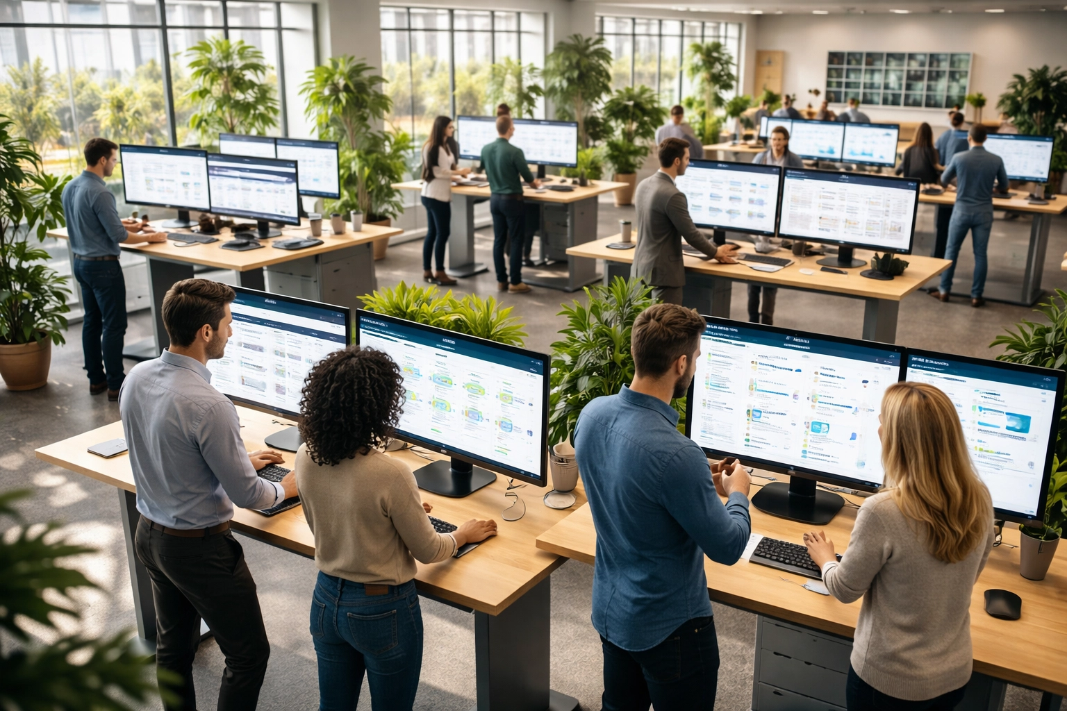 Teams working on ServiceNow dashboards in a bright open office, demonstrating streamlined IT operations.