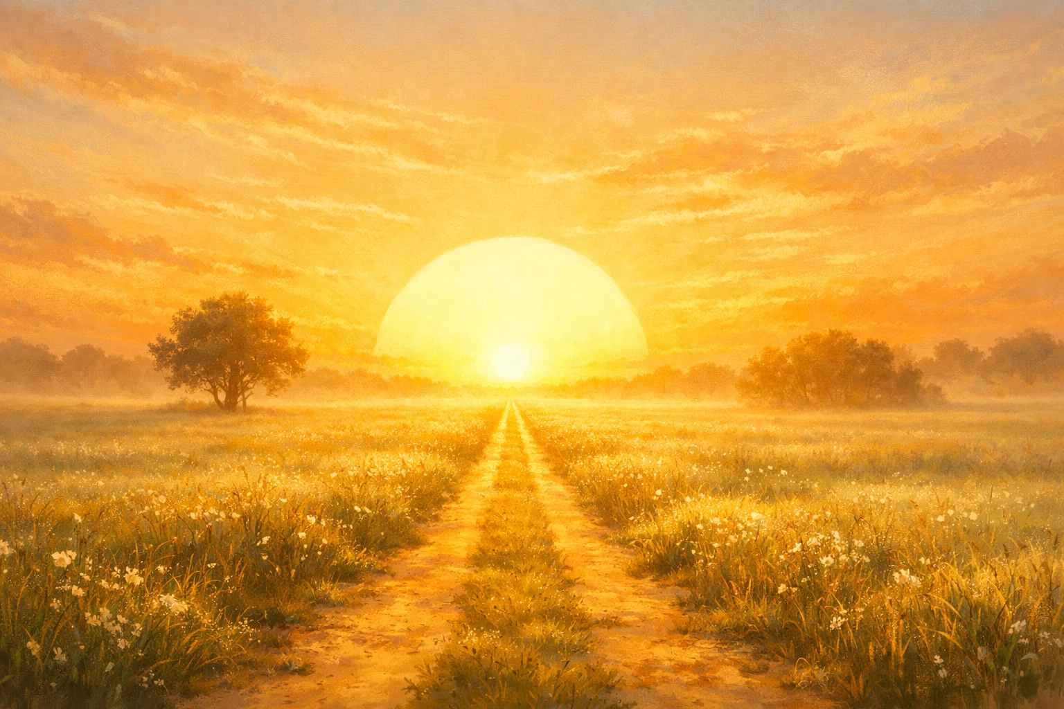 Golden path through a morning landscape toward a sunrise, representing a daily walk and new start in faith.