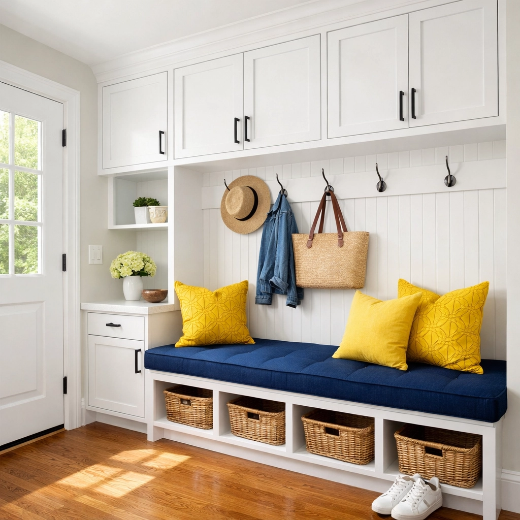 Clean modern mudroom in a Massachusetts home after a professional house cleaning service.