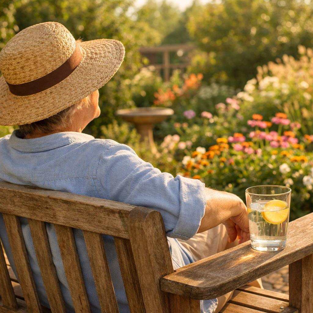 Senior resting on a wooden garden bench to manage fatigue and stay safe while outdoors.