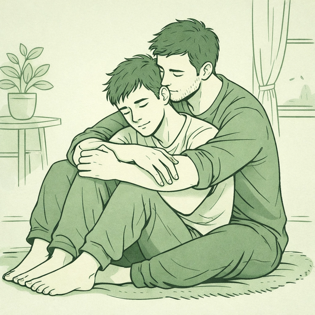 Heartfelt illustration of a male couple in a supportive embrace, representing healing and resilience in LGBTQ fiction.