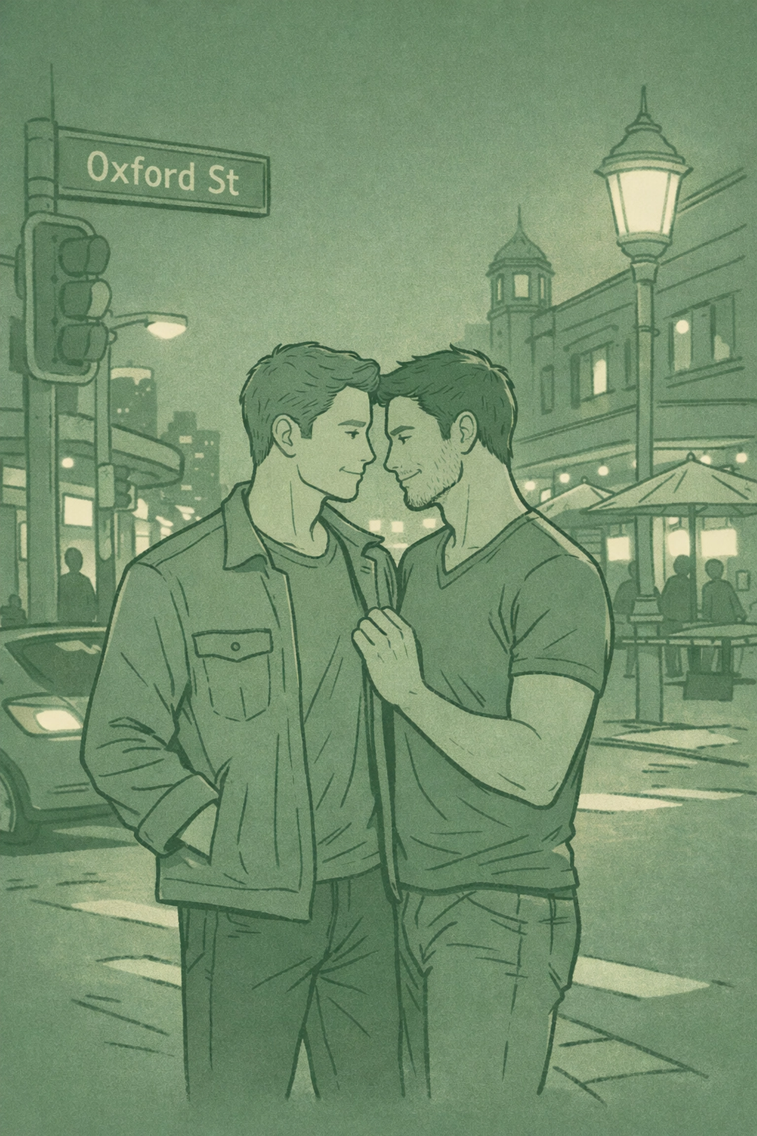 Two men on Oxford Street Sydney at night near Taylor Square LGBTQ+ nightlife district