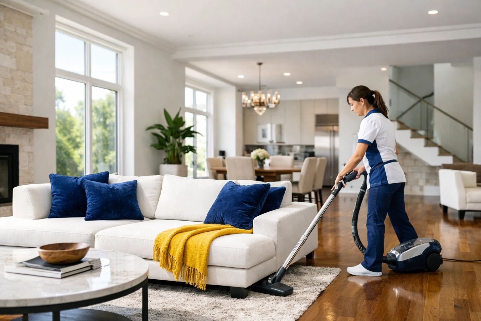Professional cleaner vacuuming a modern Massachusetts living room, showcasing expert house cleaning services near me.