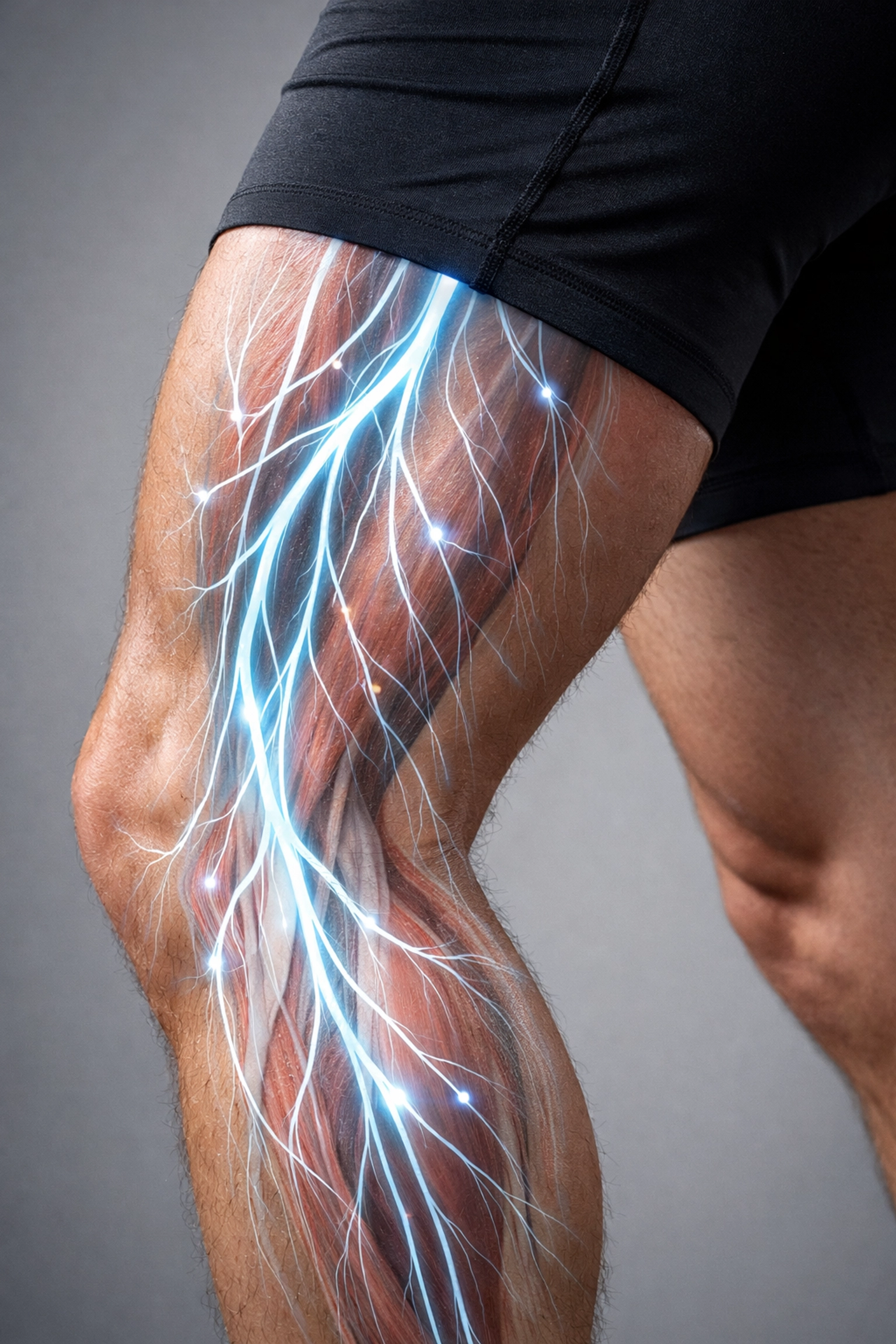 Neurological pathways and muscle connections in leg showing nerve function assessment
