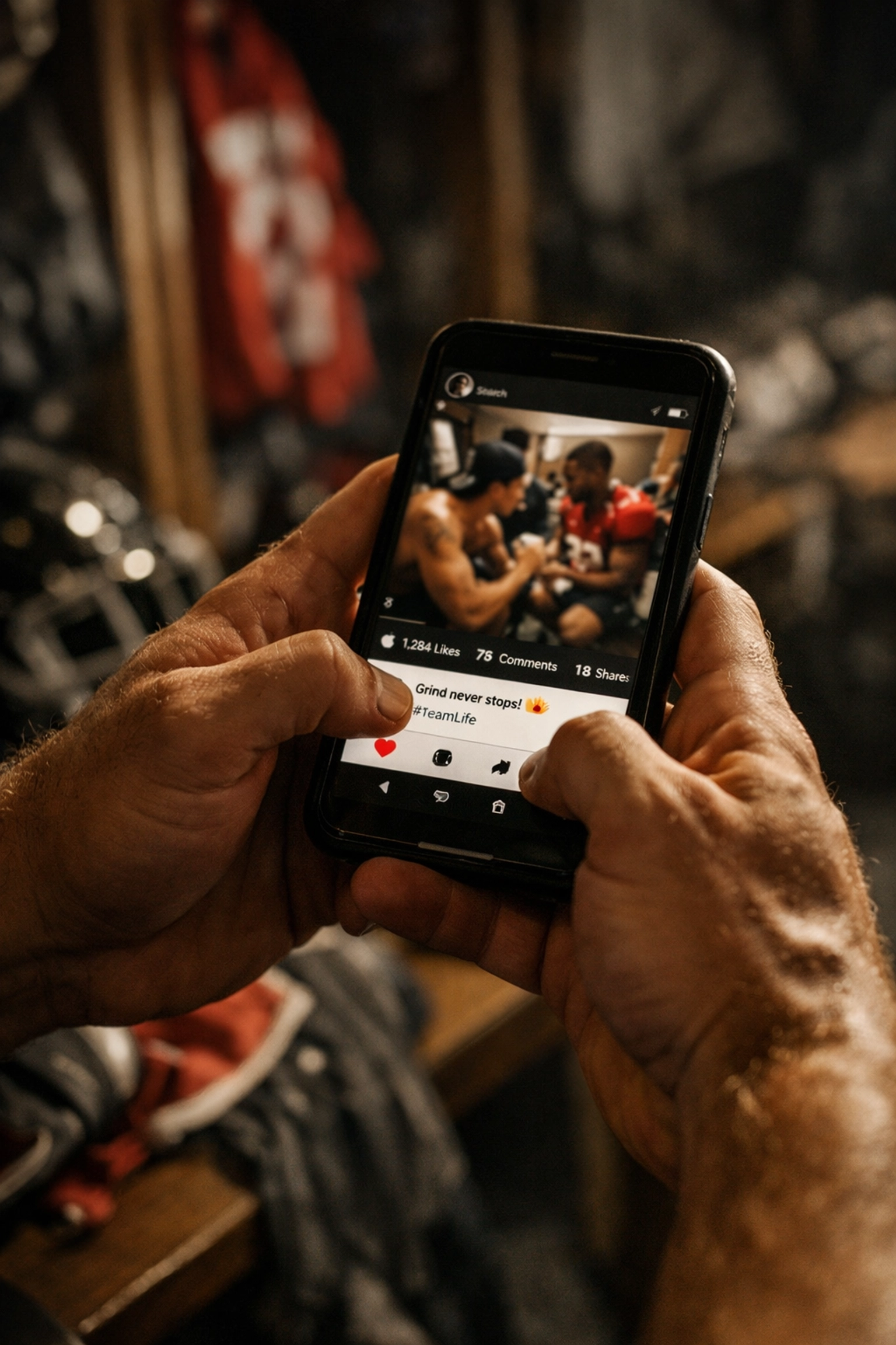 College athlete hands holding smartphone capturing social media content with engagement metrics visible