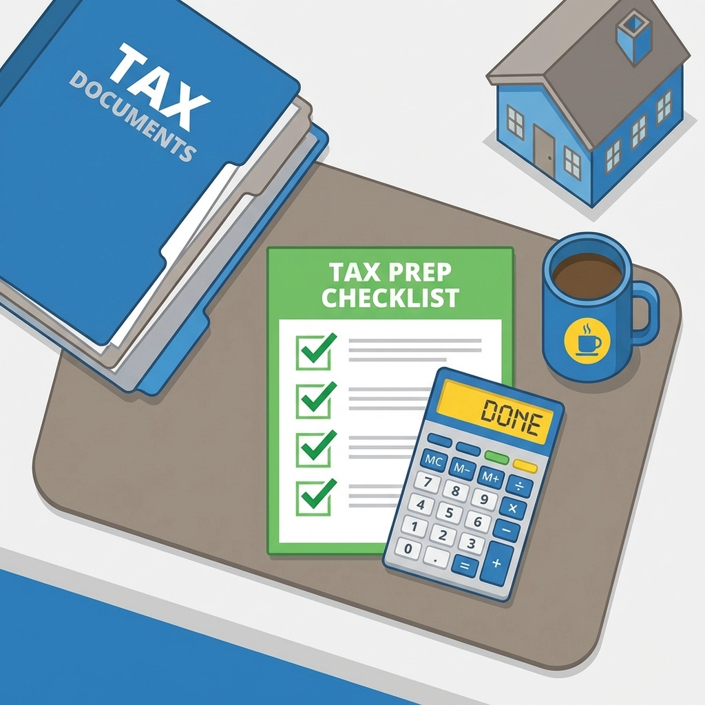 Top-down view of an organized desk with tax documents and checklist, symbolizing tax season organization for New Haven homeowners.