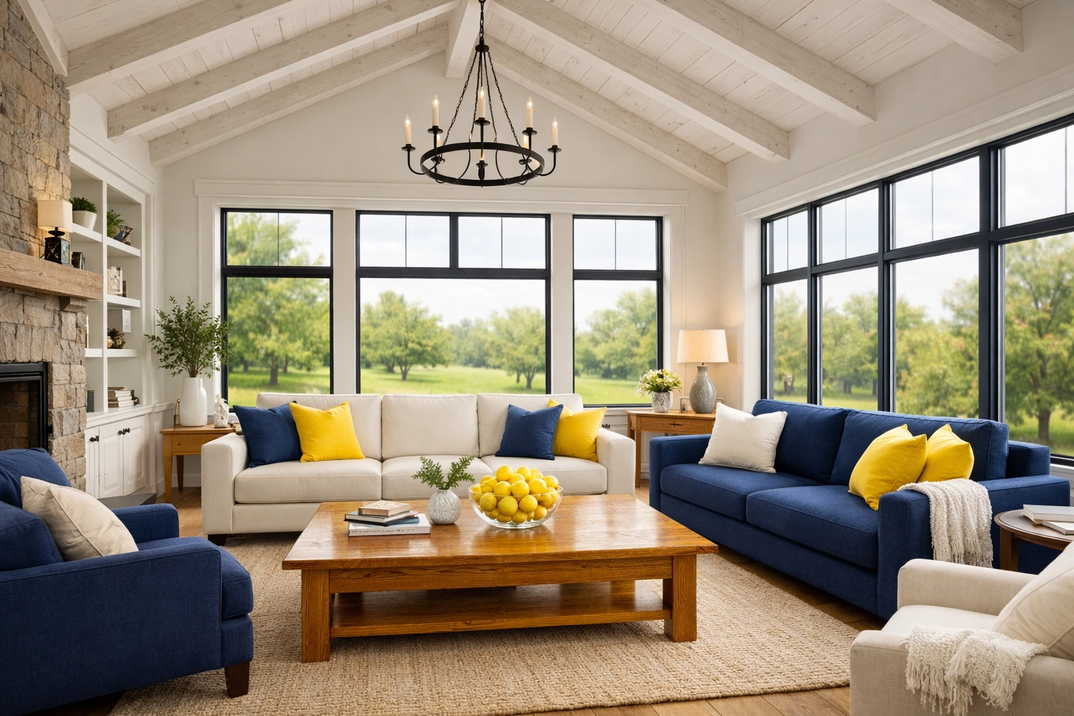 Immaculate farmhouse living room in Stow MA showing professional residential cleaning results.