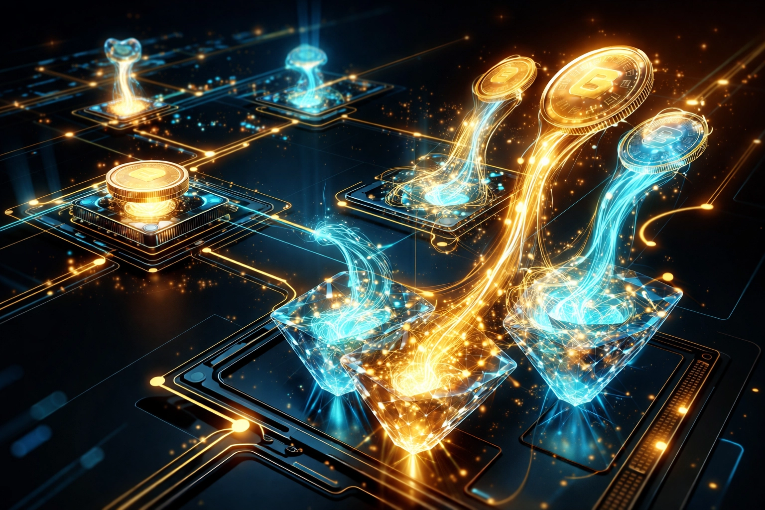 Digital tokens flow into liquid assets, illustrating Larecoin receivable tokens and faster Web3 global payments.