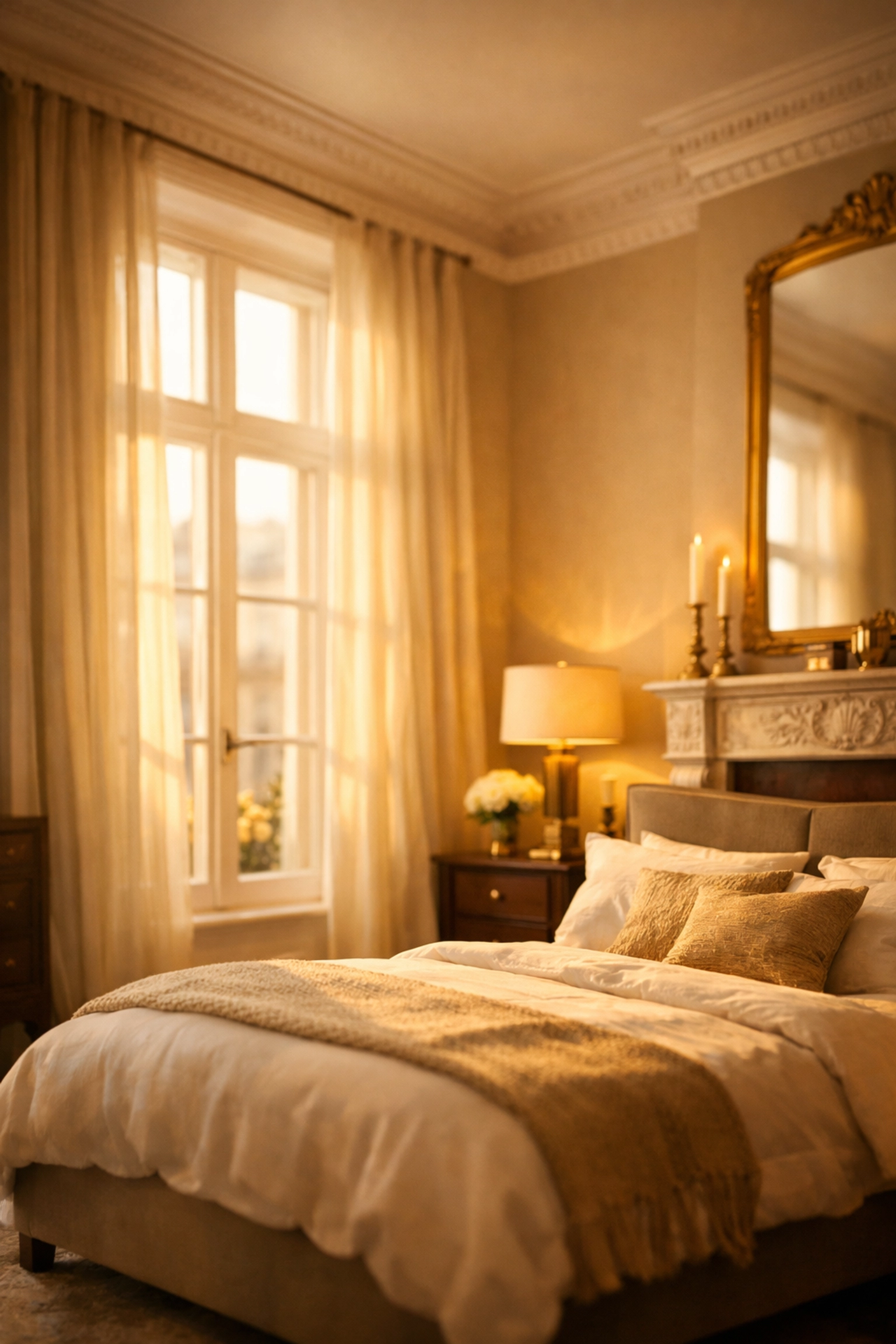 Peaceful Mayfair heritage bedroom with period windows featuring secondary glazing system
