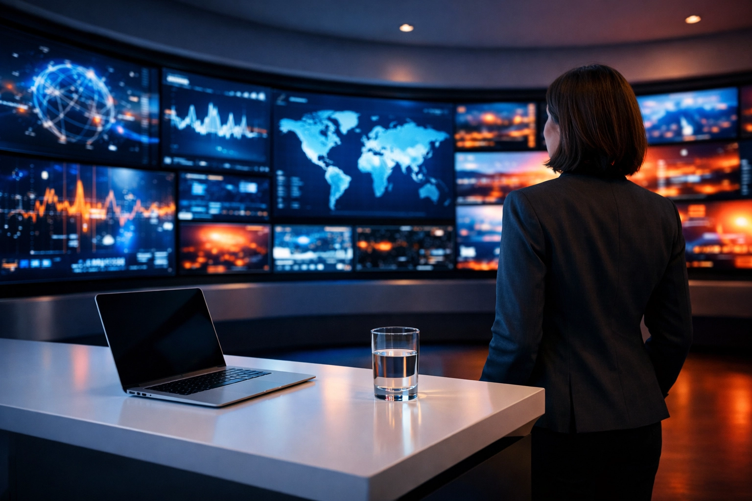 A modern media operations center illustrating Dakdan's strategic oversight and 1PM daily innovation strategy.