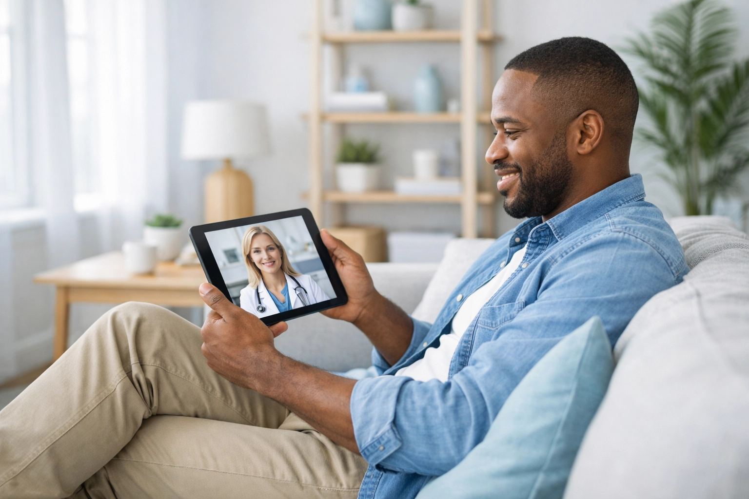 Patient consulting an online weight loss doctor via tablet for medical supervision on Wegovy alternatives.