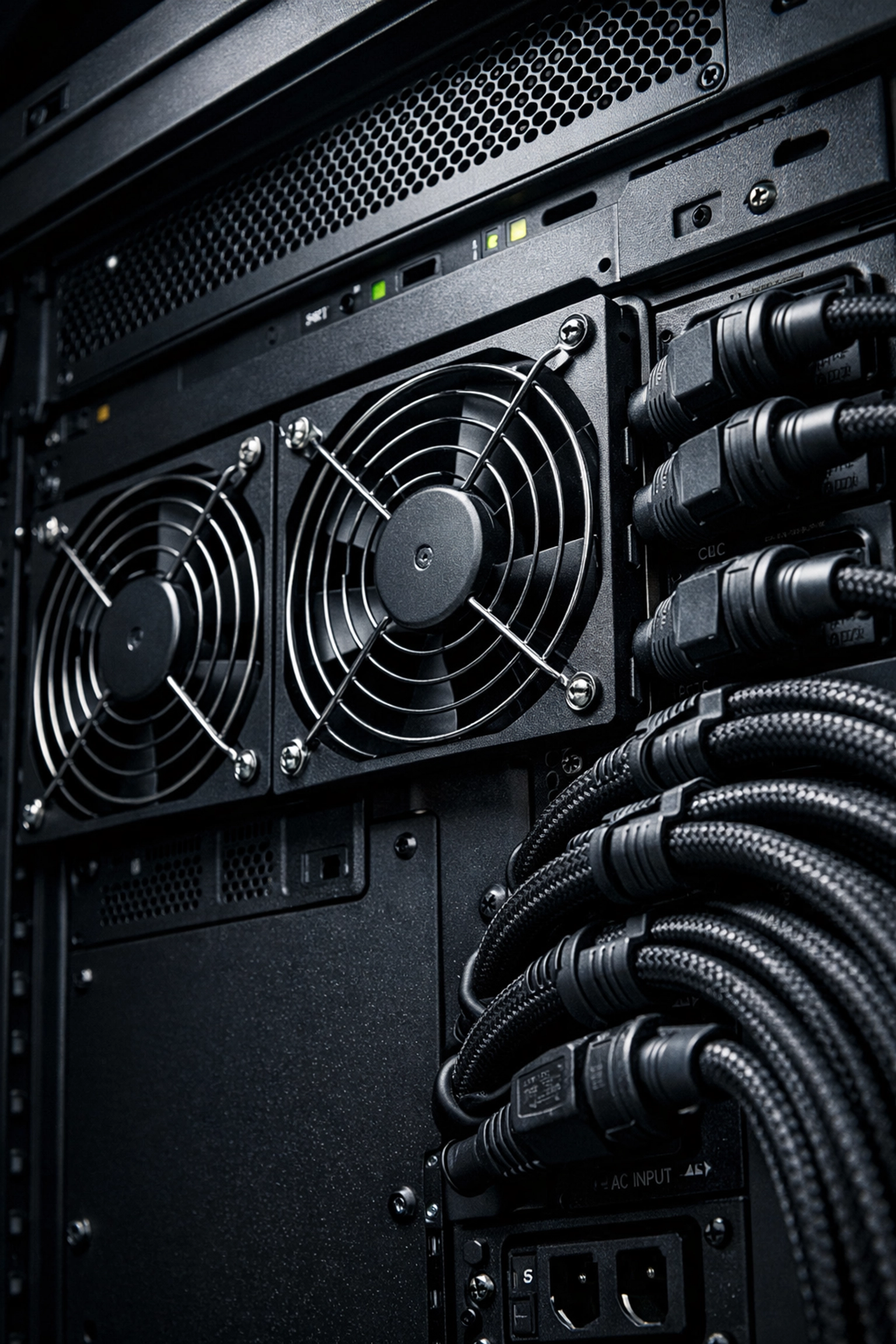 Close-up of cooling fans and cable management in an IT rack for optimal power system airflow and efficiency.