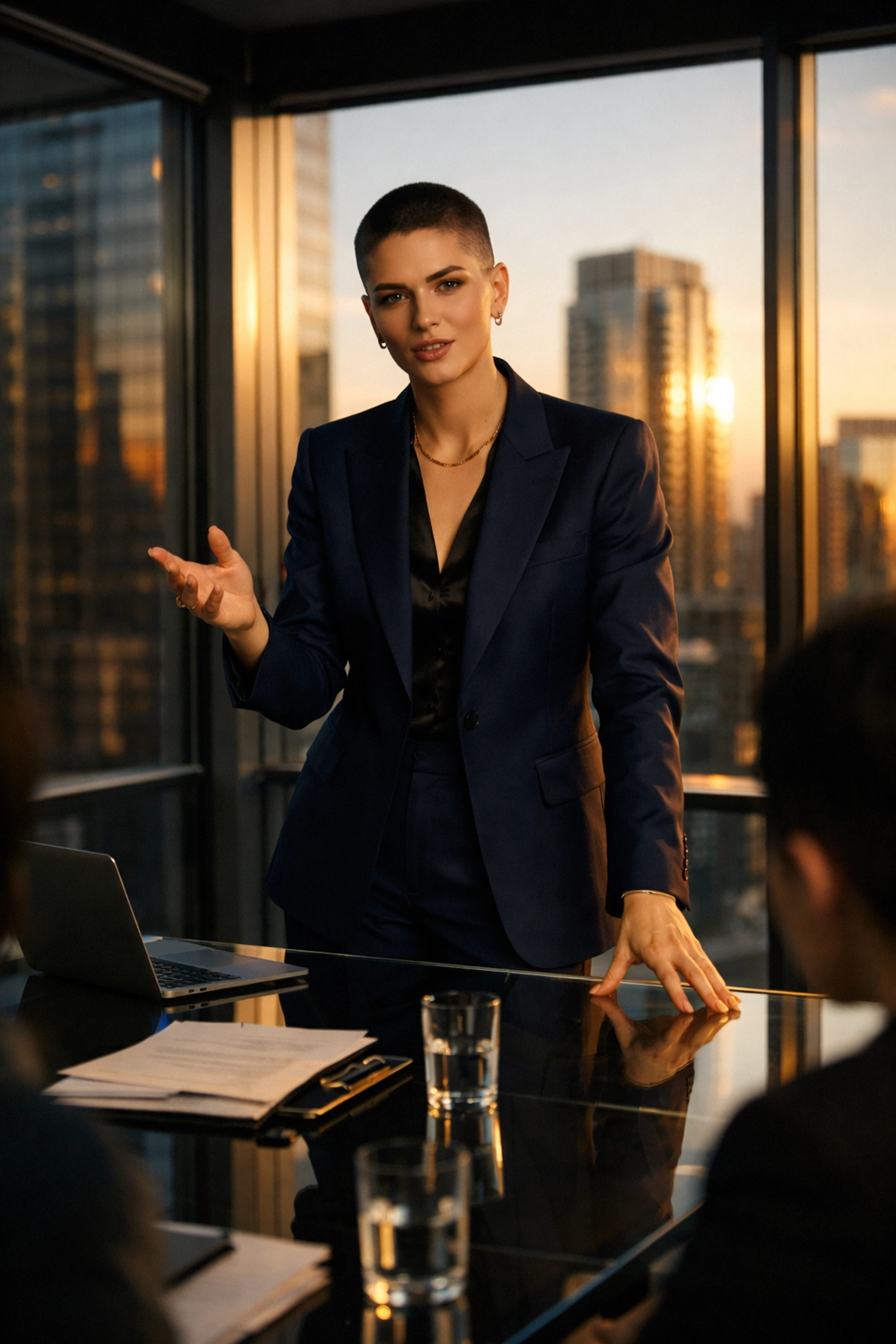 Confident queer leader in a tailored suit managing a meeting in a modern office space.