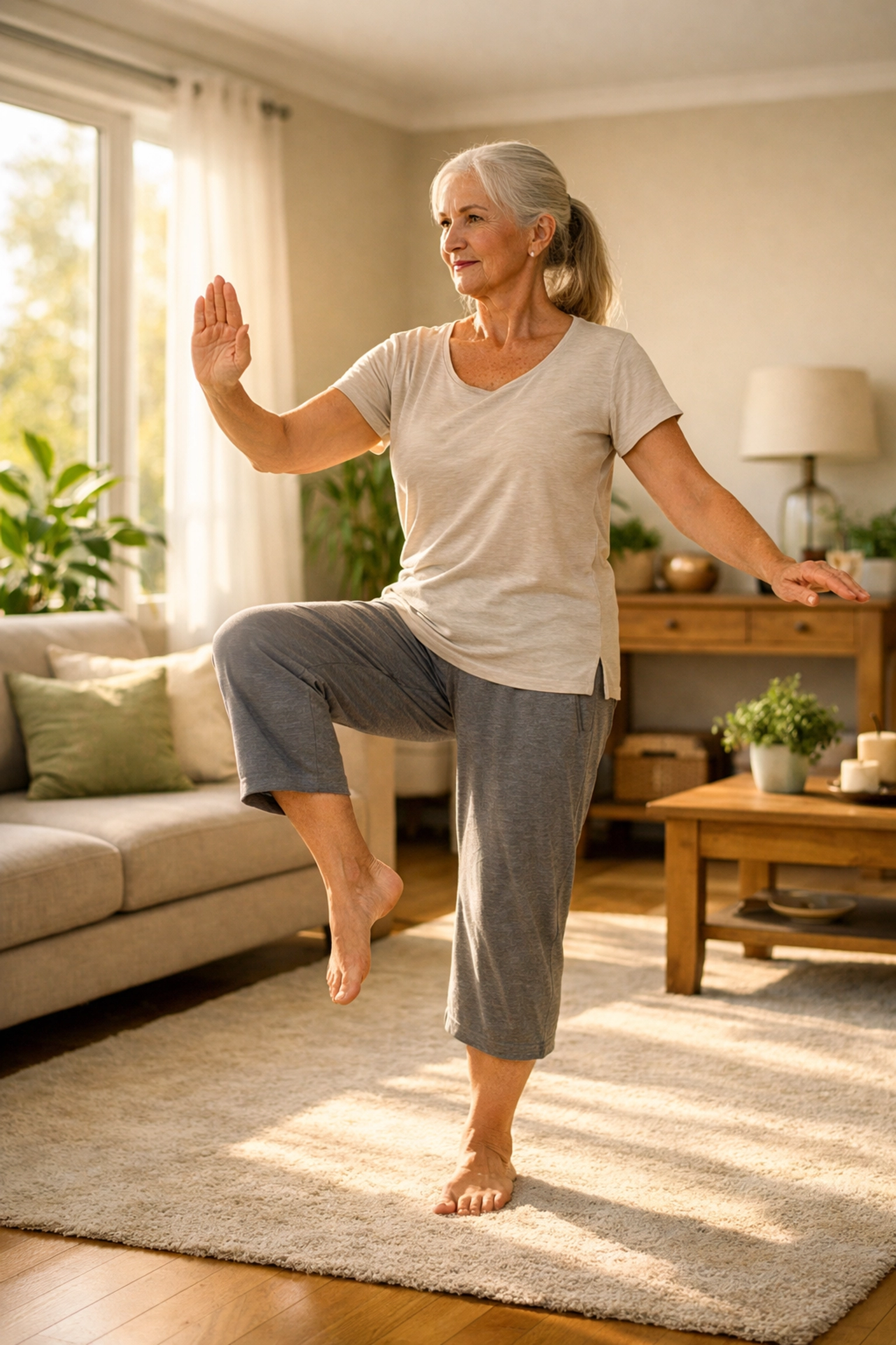 Active senior woman doing Tai Chi balance exercises in a bright, safe living room environment.