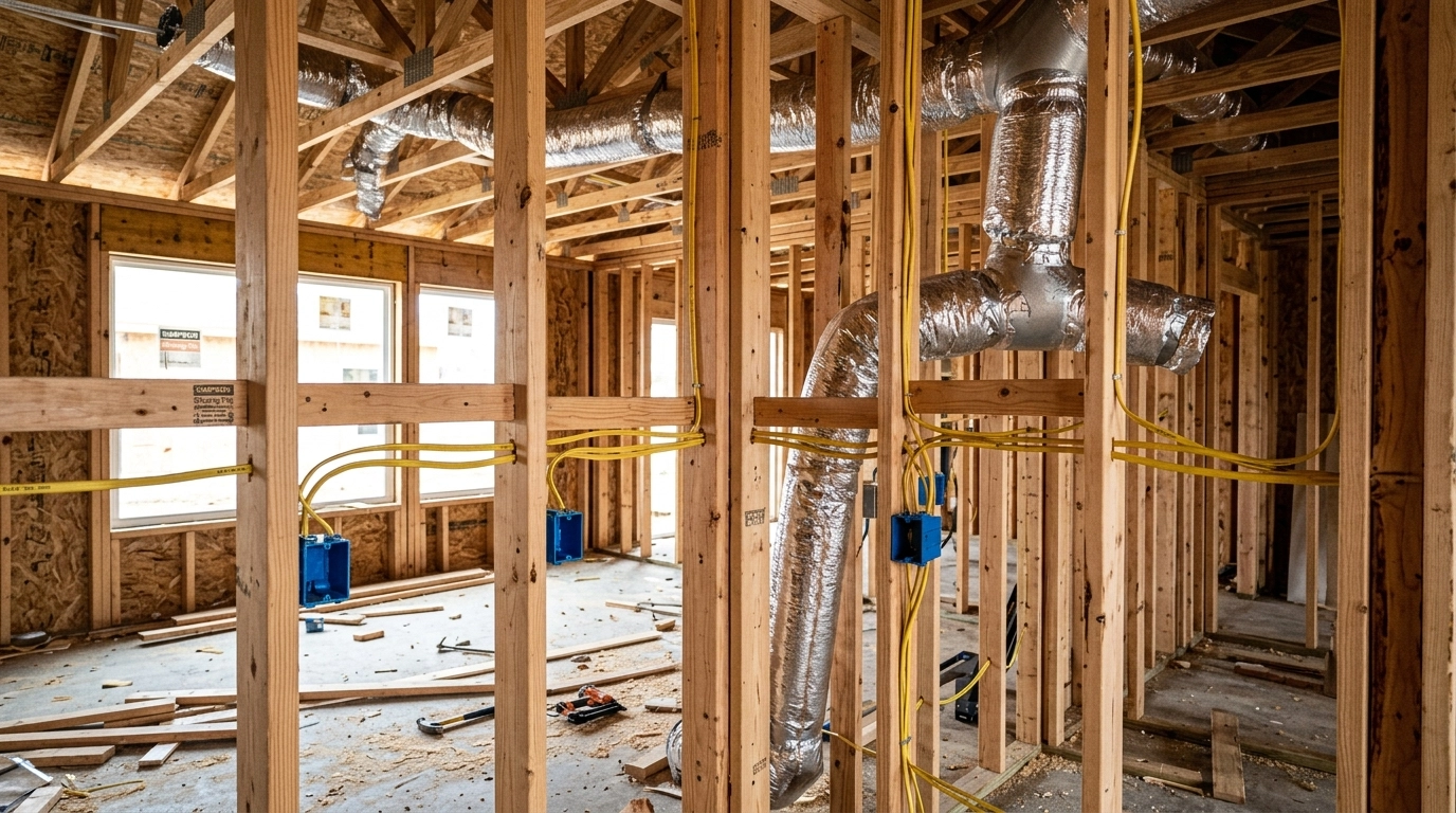 The interior of a San Antonio home during the framing stage, revealing the wooden studs, electrical wiring, and HVAC ductwork.