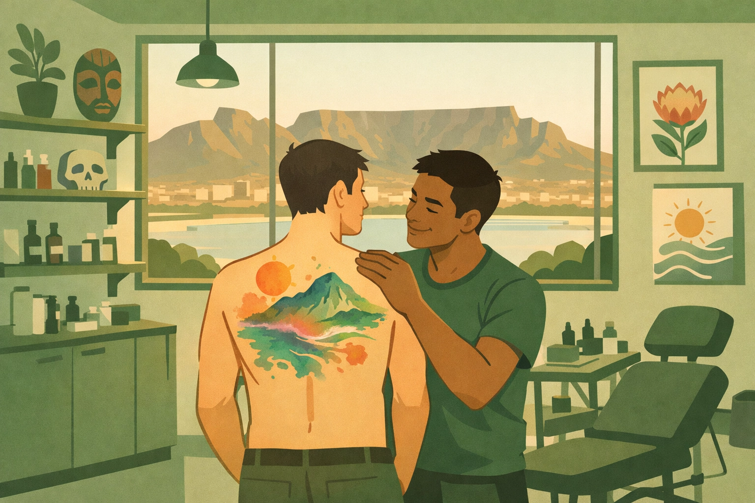 Gay men in Cape Town tattoo studio with watercolor back piece and mountain view