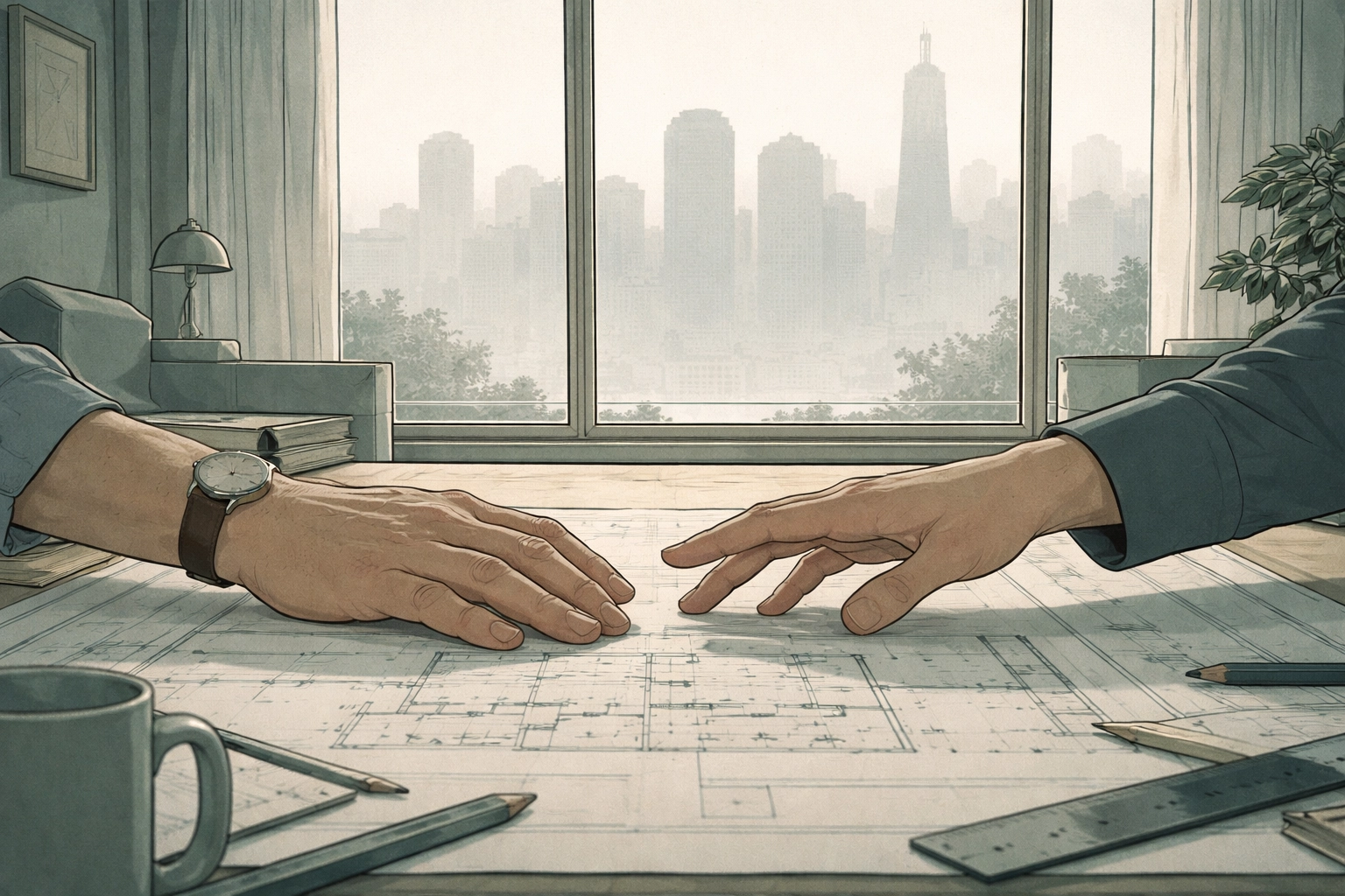 Close-up of two men’s hands almost touching over blueprints in a modern loft, symbolizing secret MM love and intimacy in San Francisco.