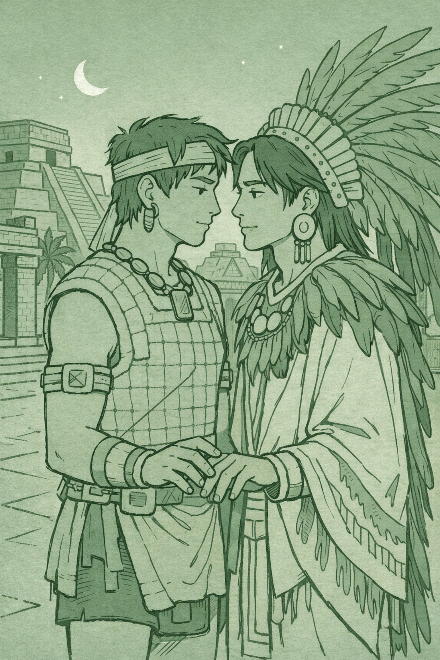 Two Aztec step-brothers in intimate moment at ancient temple - MM historical romance