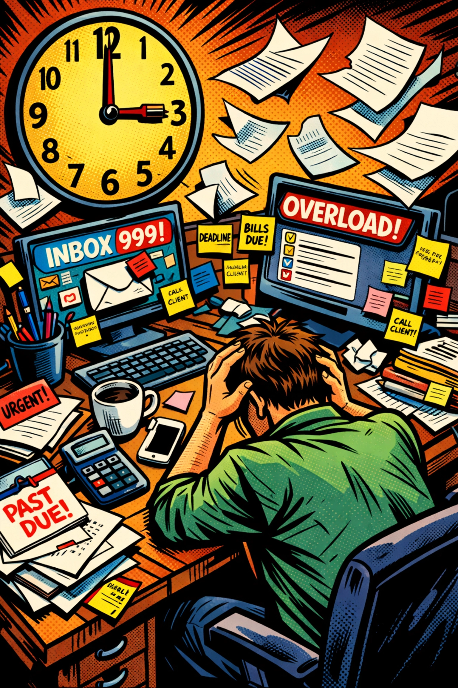 Overwhelmed small business owner at cluttered desk facing the 3 PM productivity wall