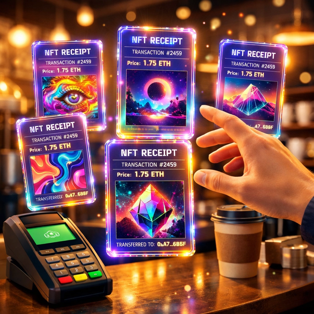 NFT receipt technology at coffee shop showing collectible digital receipts for crypto payments